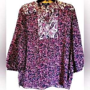 Chaps Blouse with Puff Sleeves and Mandarin Collar. Women’s size Large